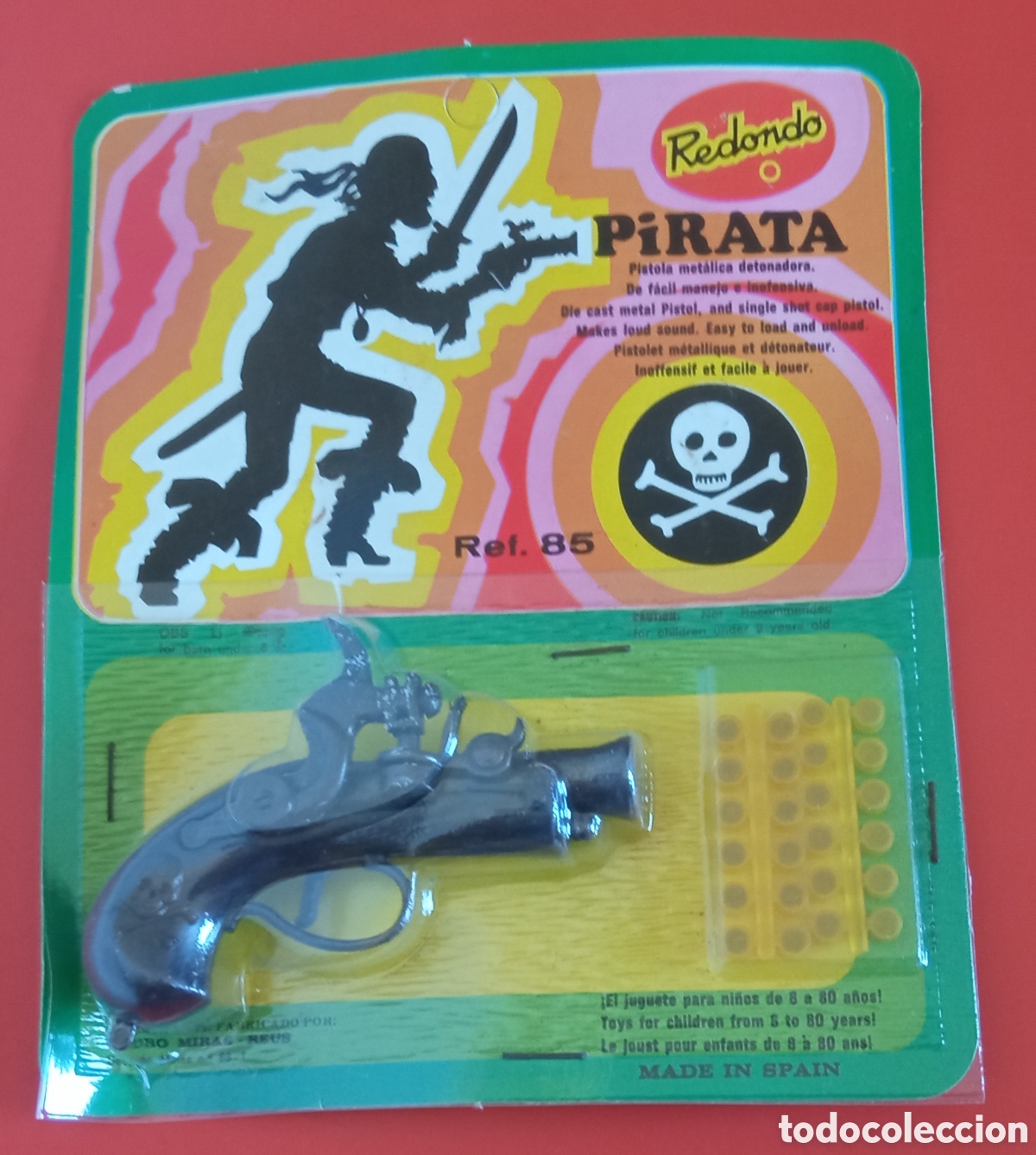 Juguetes antiguos: PISTOLA PIRATA.MINIATURAS MET&Aacute;LICAS REDONDO 70'S.BLISTER SIN ABRIR.