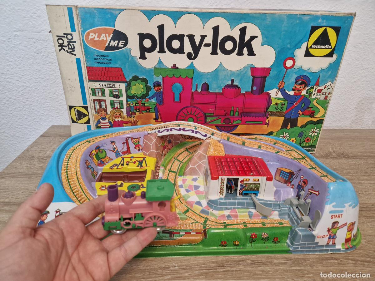Juguetes antiguos: Antiguo juguete Play lok Playme Technofix pista con tren a cuerda a&ntilde;os 70 Funcionando juego vintage