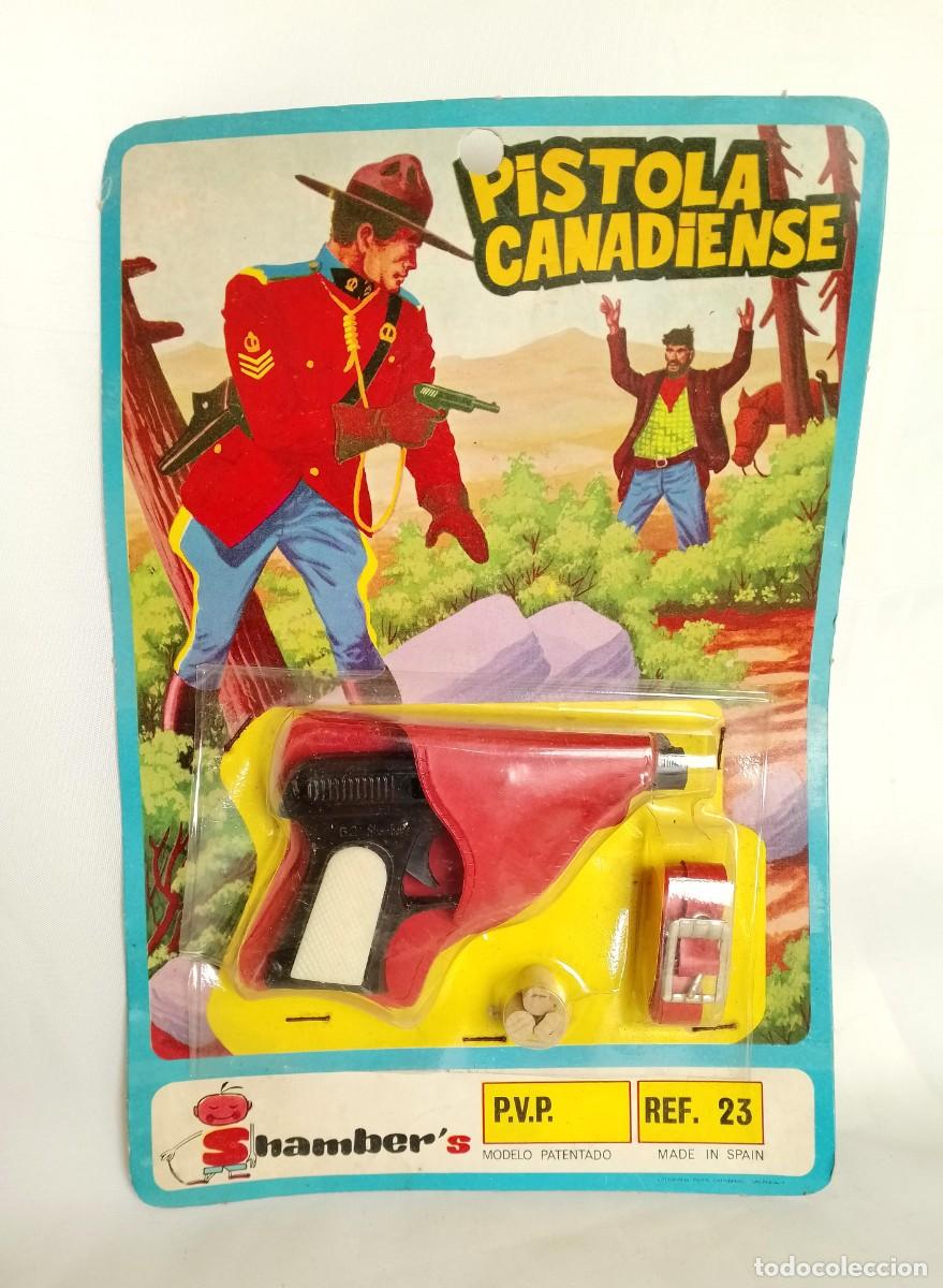Juguetes antiguos: SHAMBER'S, PISTOLA CANADIENSE DE CORCHOS EN BLISTER SIN ABRIR. A&Ntilde;OS 70