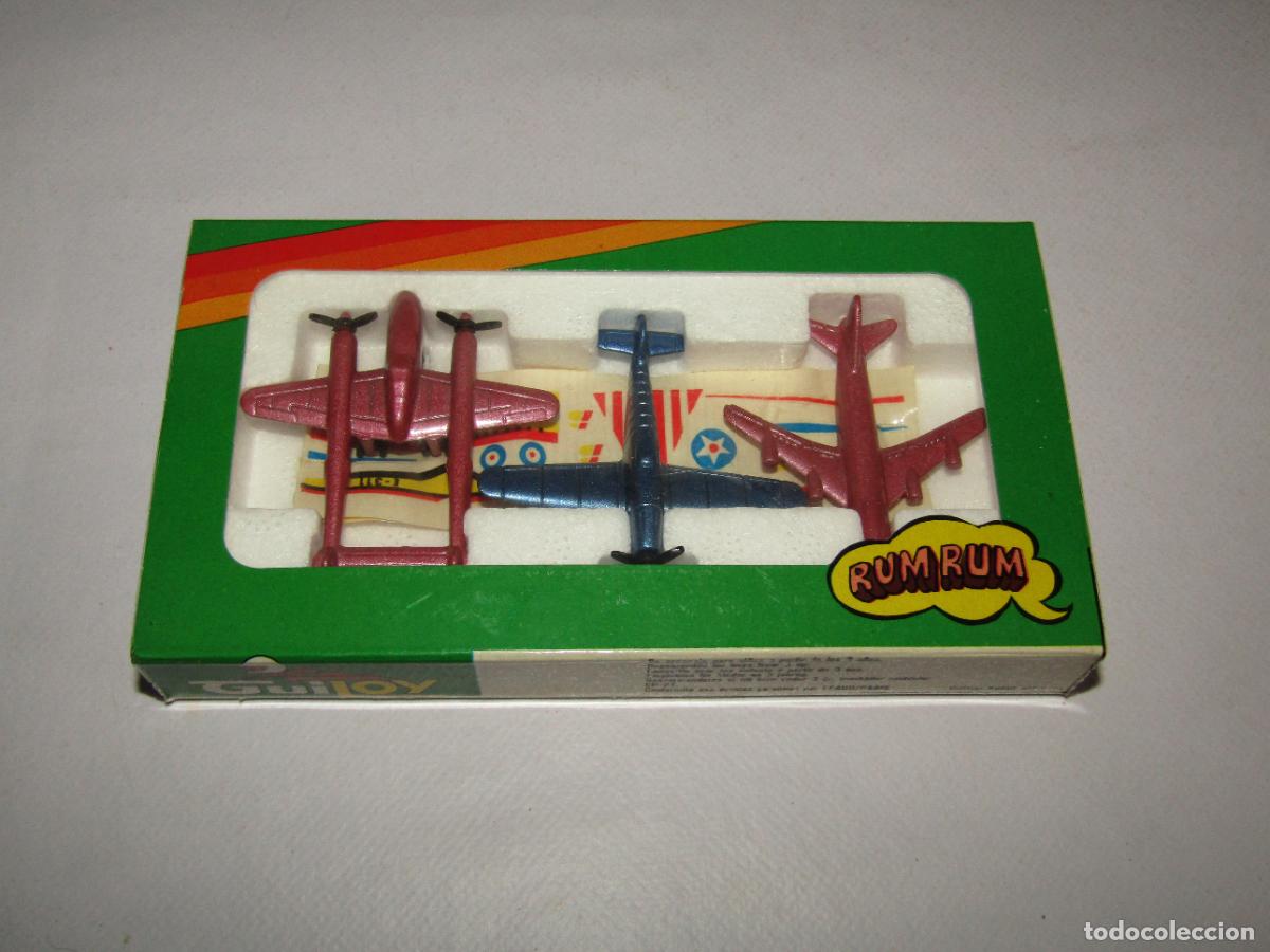 Juguetes antiguos: Antigua Caja Set Completa con Aviones en Metal Inyectado Serie RUM RUM de GUILOY
