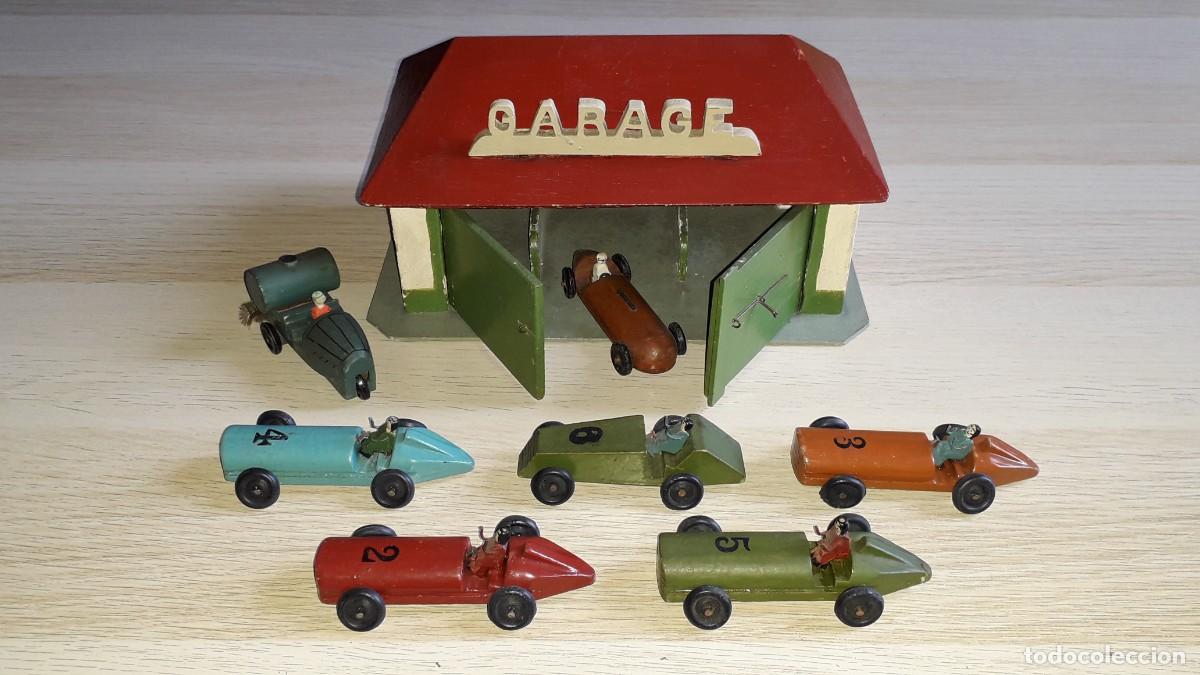 Juguetes antiguos: Garage Gran Prix con b&oacute;lidos, madera, Cafarel o similar, Barcelona tipo Denia, original a&ntilde;os 30-40.