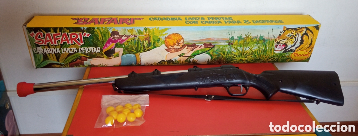 Juguetes antiguos: CARABINA RIFLE ESCOPETA LANZA PELOTAS SAFARI.MADEL 80'S PATENTADO.SIN USO,EN CAJA.CON FALLO.