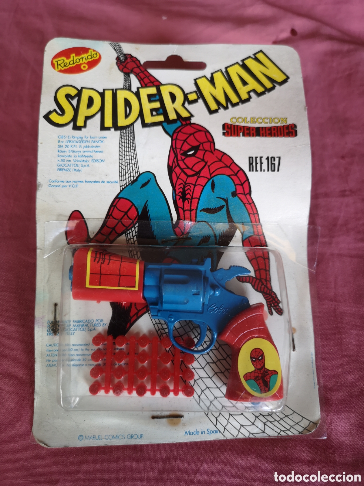 Juguetes antiguos: REDONDO. REV&Oacute;LVER SPIDER-MAN. Ref 167. Mide 9 cm. SIN ABRIR.CON FULMINANTES. Marvel Comics. A&ntilde;os 70.