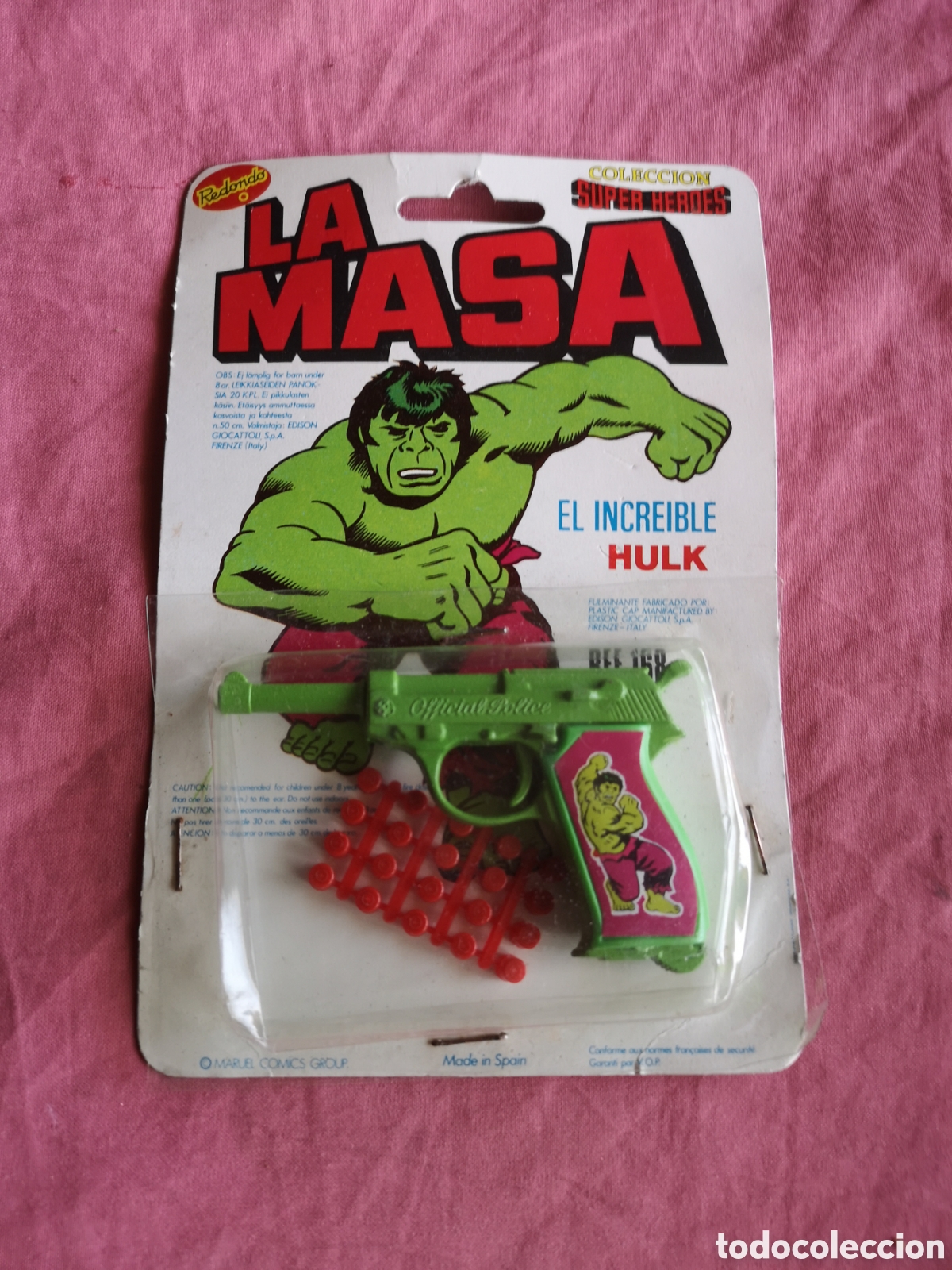 Juguetes antiguos: REDONDO. PISTOLA LA MASA - HULK. Ref168. Mide 9 cm. SIN ABRIR. CON FULMINANTE. Marvel Comics.A&ntilde;os 70