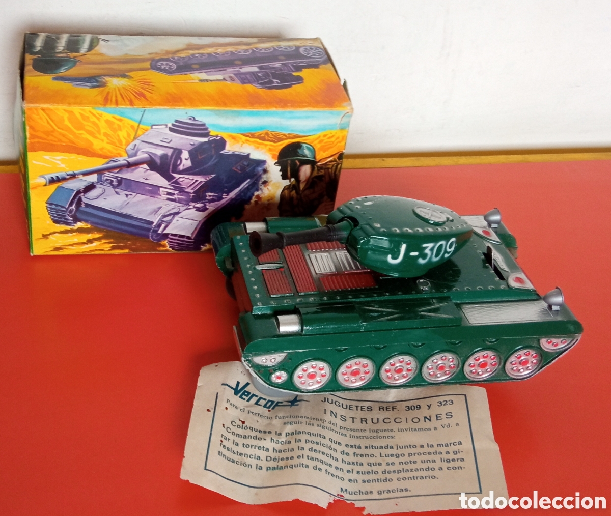 Juguetes antiguos: TANQUE MILITAR SALVA-OBST&Aacute;CULOS A CUERDA RESORTE REF. 309.COMANDO - VERCOR 70'S.NUEVO EN CAJA.