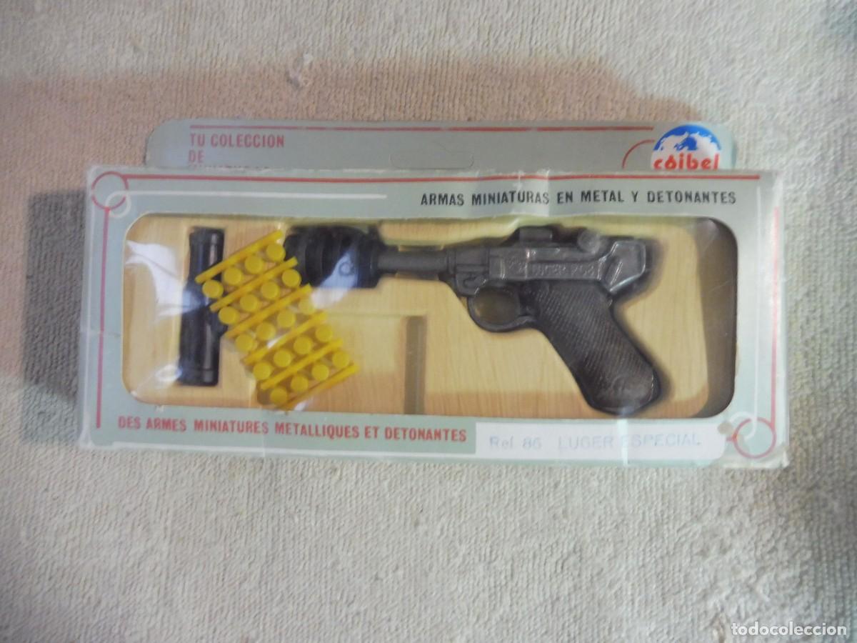 Juguetes antiguos: Armas miniaturas en metal y detonantes Luger especial ref. 86 Coibel