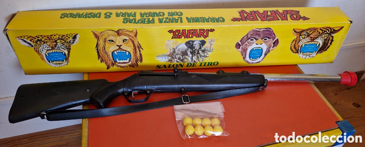 Juguetes antiguos: CARABINA RIFLE ESCOPETA LANZA PELOTAS SAFARI.MADEL 80'S PATENTADO.SIN USO,EN CAJA.CON FALLO.