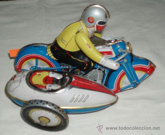 Juguetes antiguos de hojalata: moto con sidecar de hojalata - Foto 1