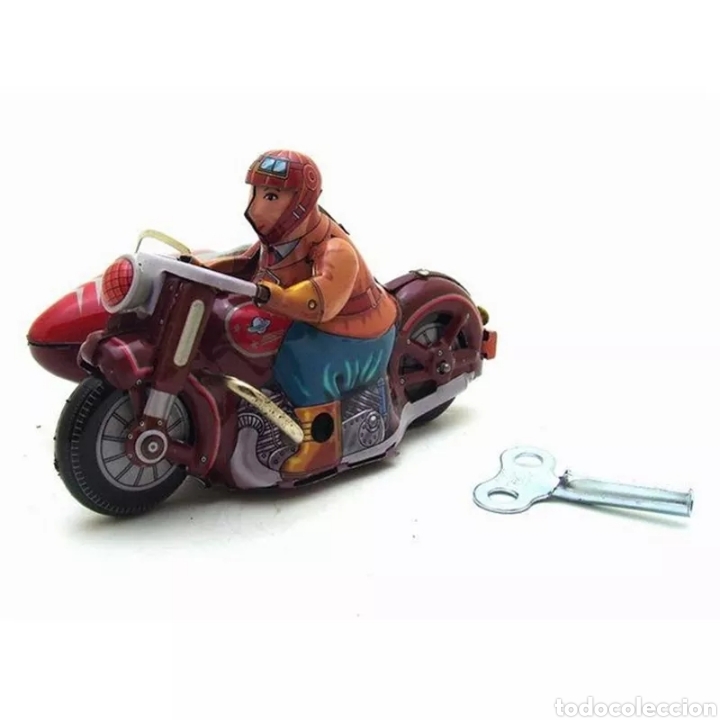 Juguetes antiguos de hojalata: Moto con sidecar de hojalata - Foto 2