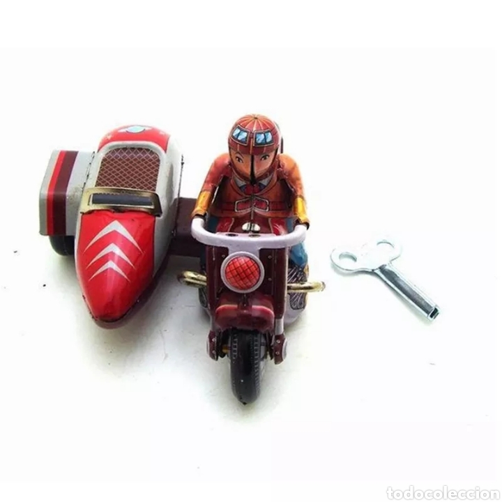 Juguetes antiguos de hojalata: Moto con sidecar de hojalata - Foto 4