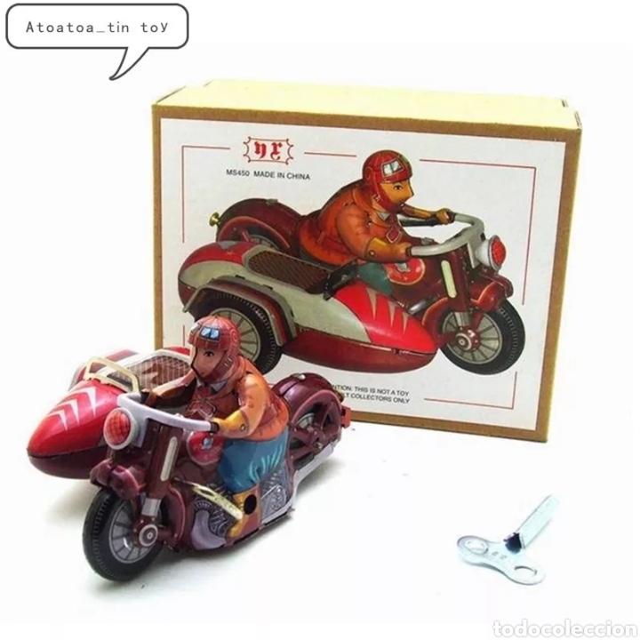 Juguetes antiguos de hojalata: Moto con sidecar de hojalata - Foto 1