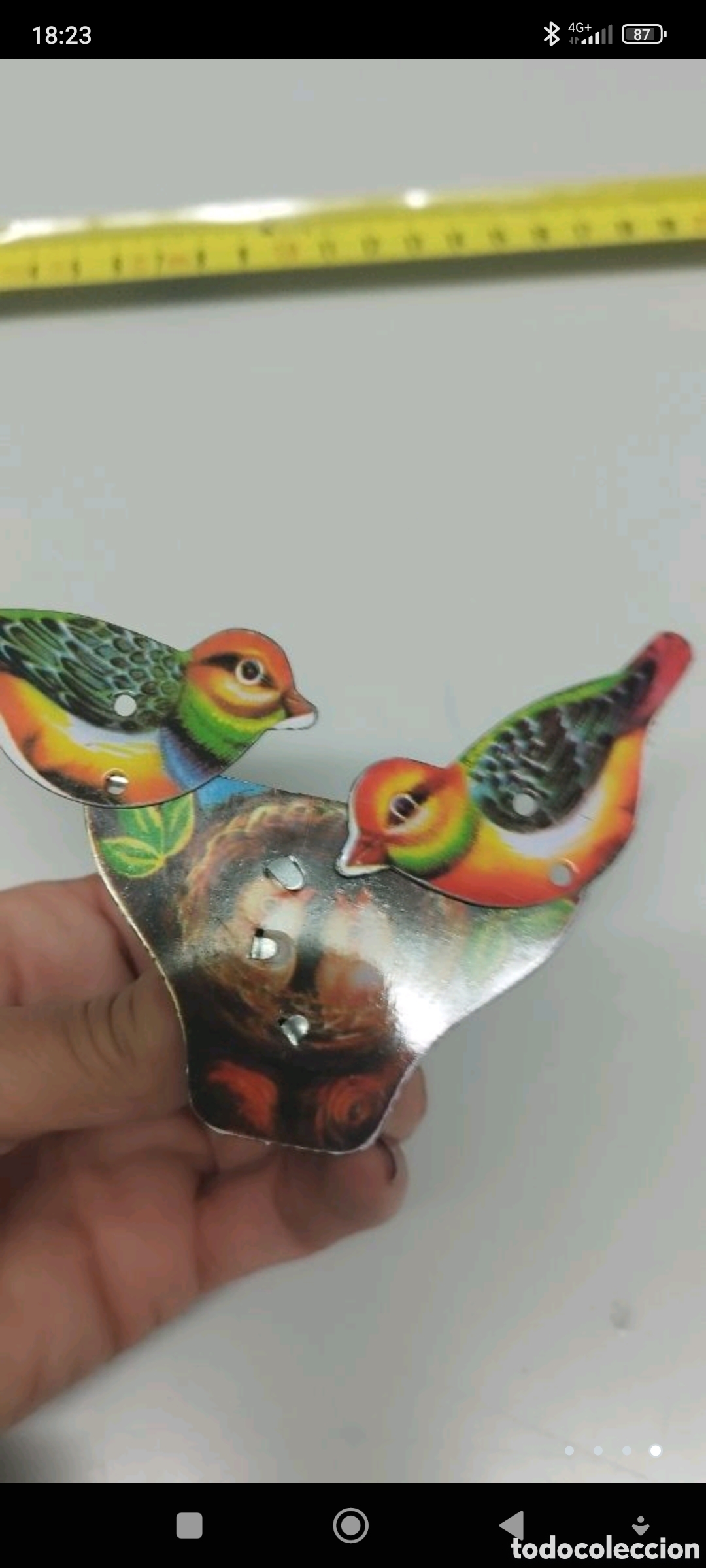 Juguetes antiguos de hojalata: Pajaritos con nido picotean - Foto 4
