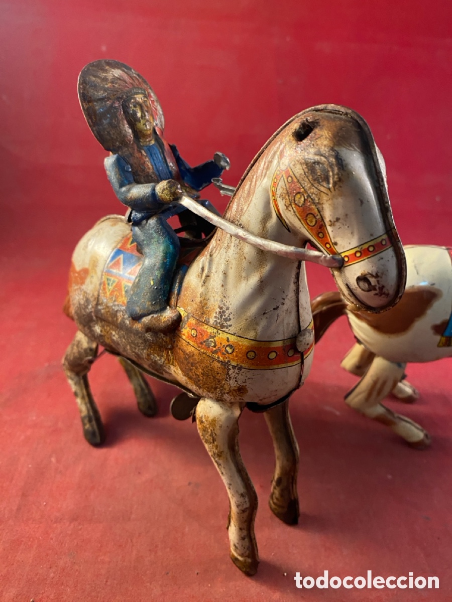 Juguetes antiguos de hojalata: Pareja de caballos indio - Foto 5