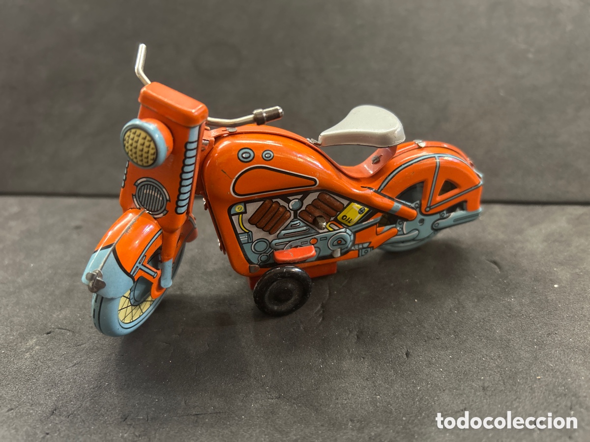 Juguetes antiguos de hojalata: Moto de hojalata a cuerda - Foto 2