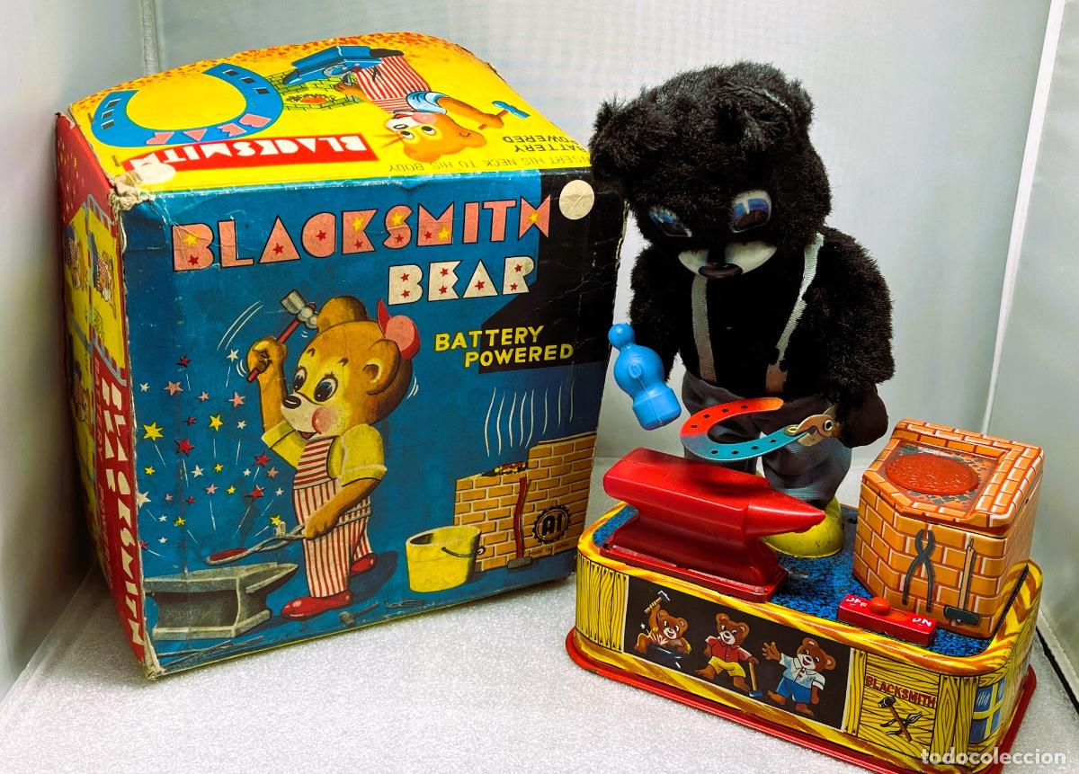 Juguetes antiguos de hojalata: BLACK SMITH BEAR, ASAKUSA, JAPON 60's,C/CAJA, MUY RARO - FLA