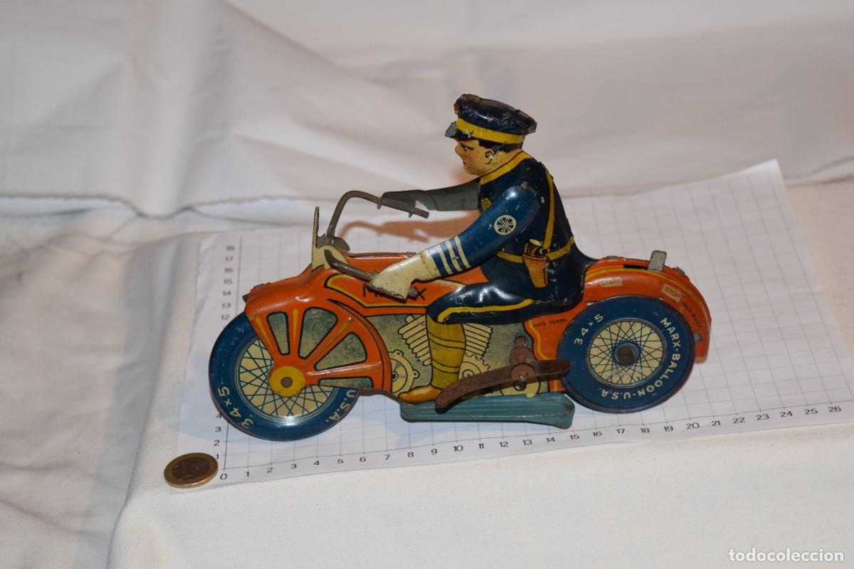 Juguetes antiguos de hojalata: Motocicleta BALLOON - U.S.A. Police - Hojalata litograf&iacute;ada - Juguetes MARX - A&ntilde;os 40 / 50 - &iexcl;Mira!