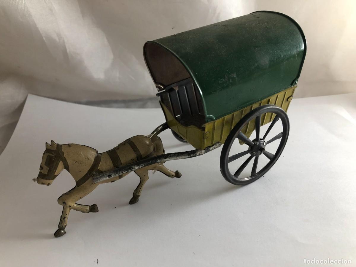 Tin Toys: MUY ANTIGUO CARRUAJE, CARRO, CARROZA CON CABALLO DE HOJALATA (LATA) MARCA RICO, A&Ntilde;OS 30 - 40