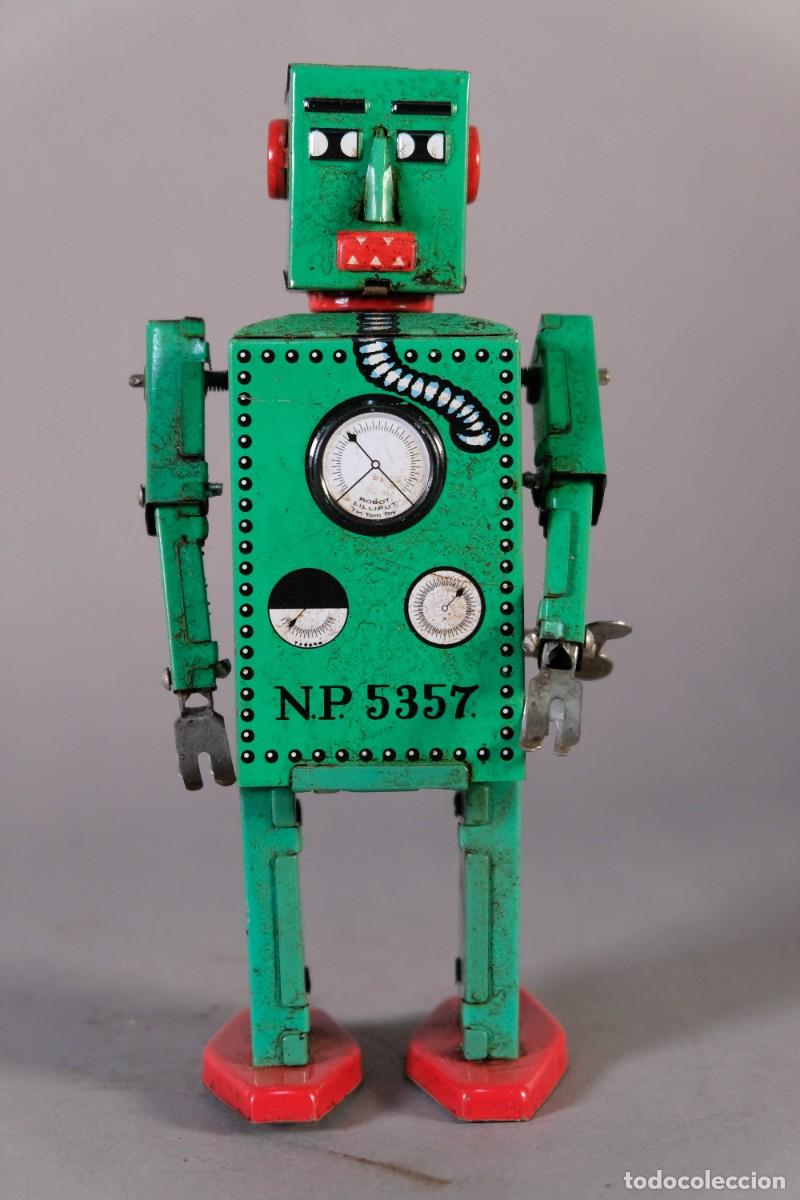 Juguetes antiguos de hojalata: ROBOT LILLIPUT NP 5357 VERDE EN HOJALATA CON MECANISMO A CERDA A&Ntilde;OS 40 - FUNCIONA