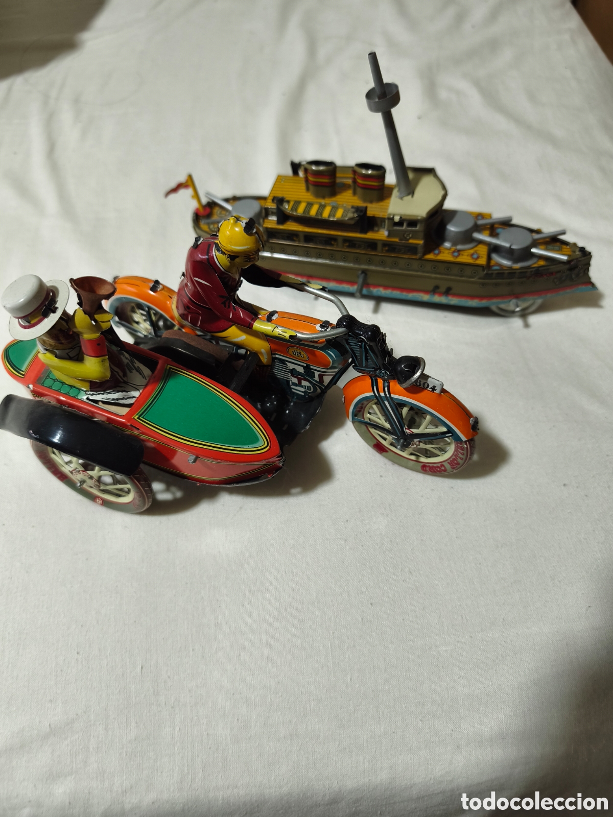 Juguetes antiguos de hojalata: Lote Juguetes de Hojalata Colecci&oacute;n Pay&aacute; - Moto Sidecar + Barco Acorazado