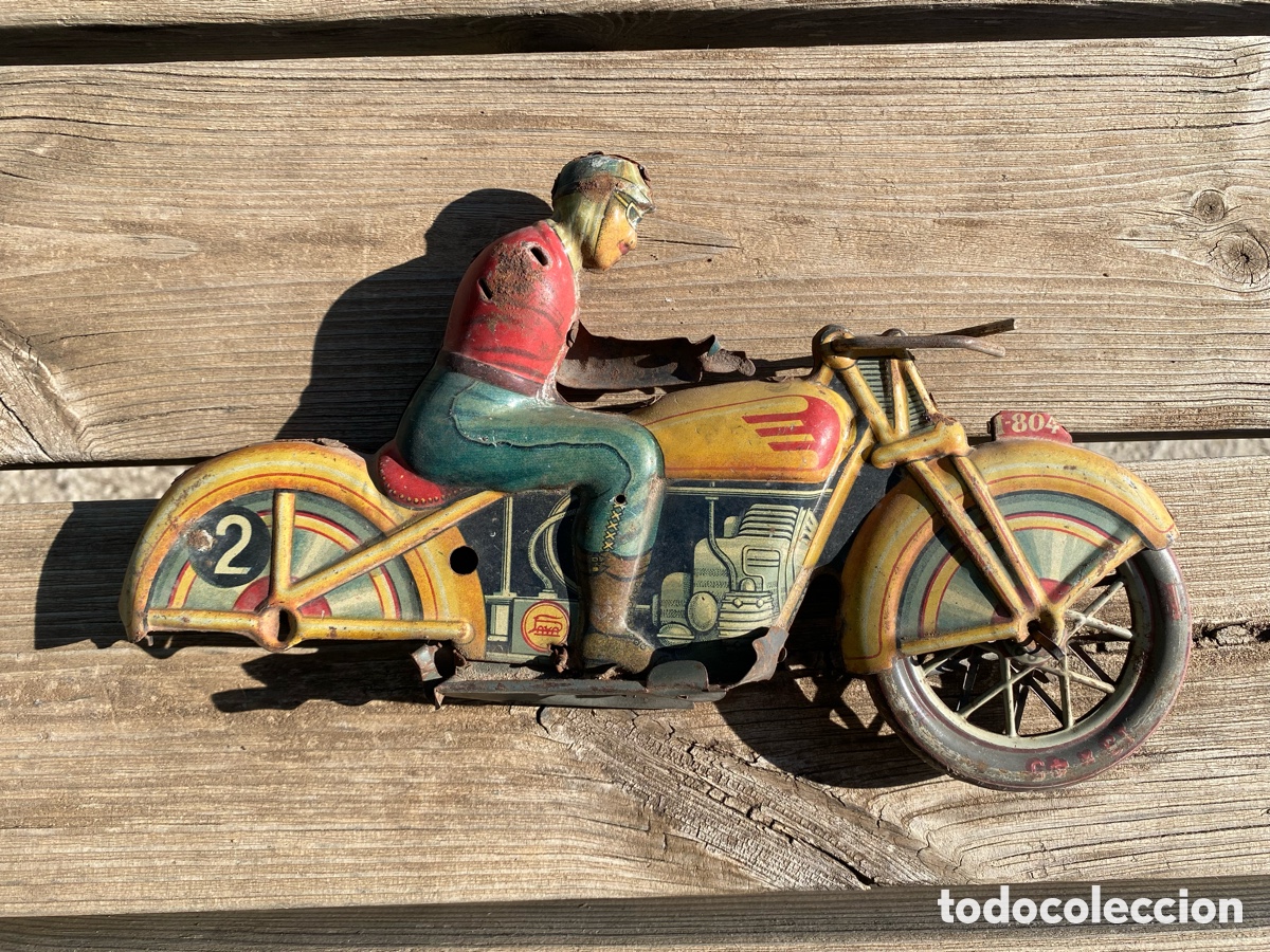 Juguetes antiguos de hojalata: Gran Moto Hojalata Con Piloto Pay&aacute; Rai A&ntilde;os 30-40 18x15cms