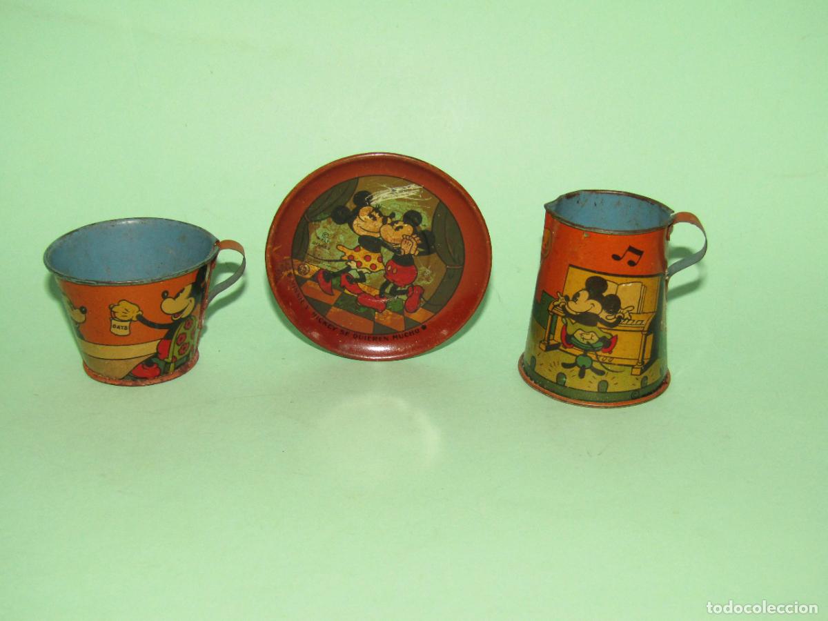 Juguetes antiguos de hojalata: Antiguo Plato, Taza y Jarra en Hojalata Litografiada de Juguetes * LA ISLA * de ROGELIO SANCH&Iacute;S