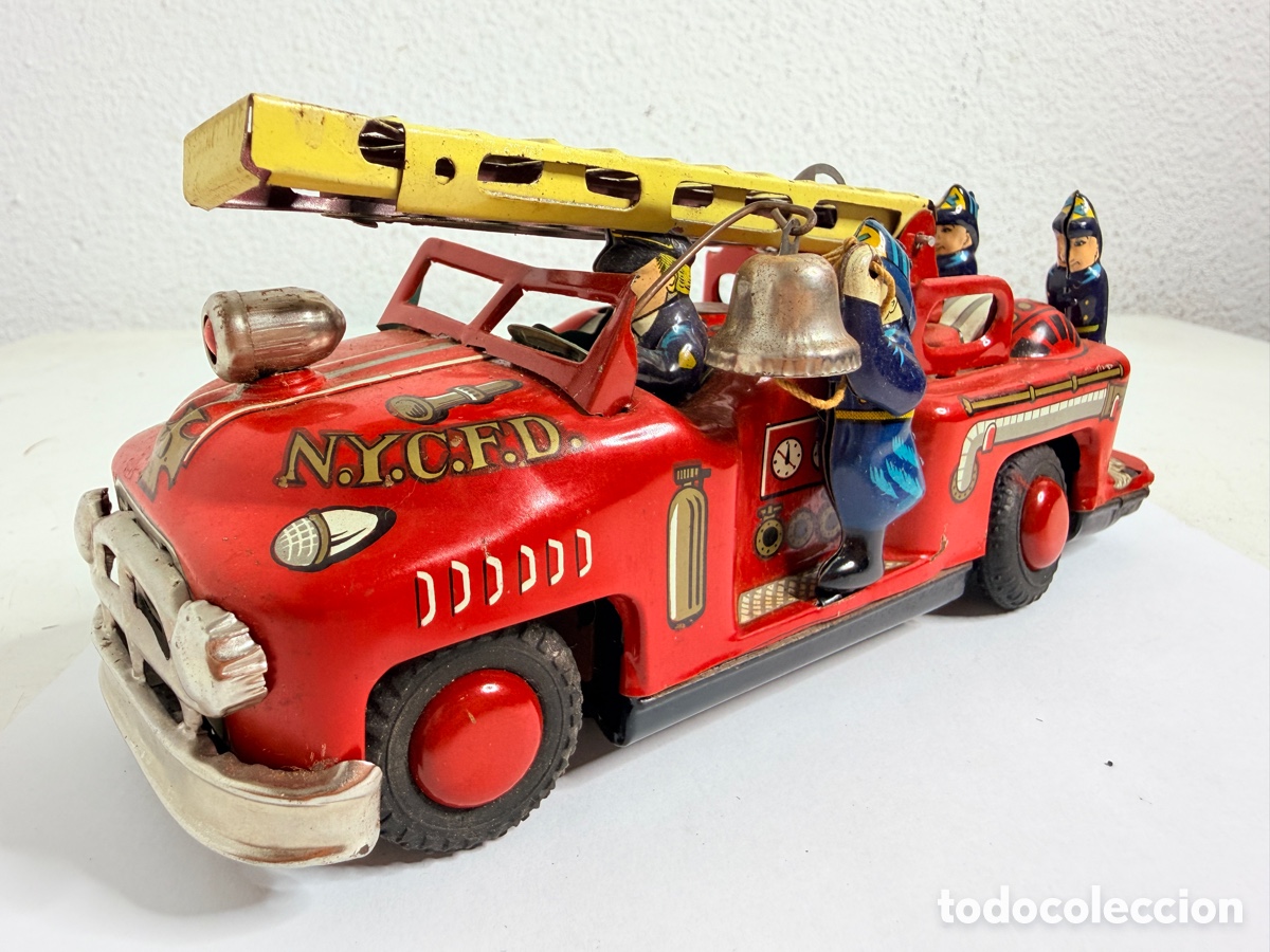 Juguetes antiguos de hojalata: Cami&oacute;n Bomberos T.N (Nomura Toy) fabricado en Jap&oacute;n durante la d&eacute;cada de 1950