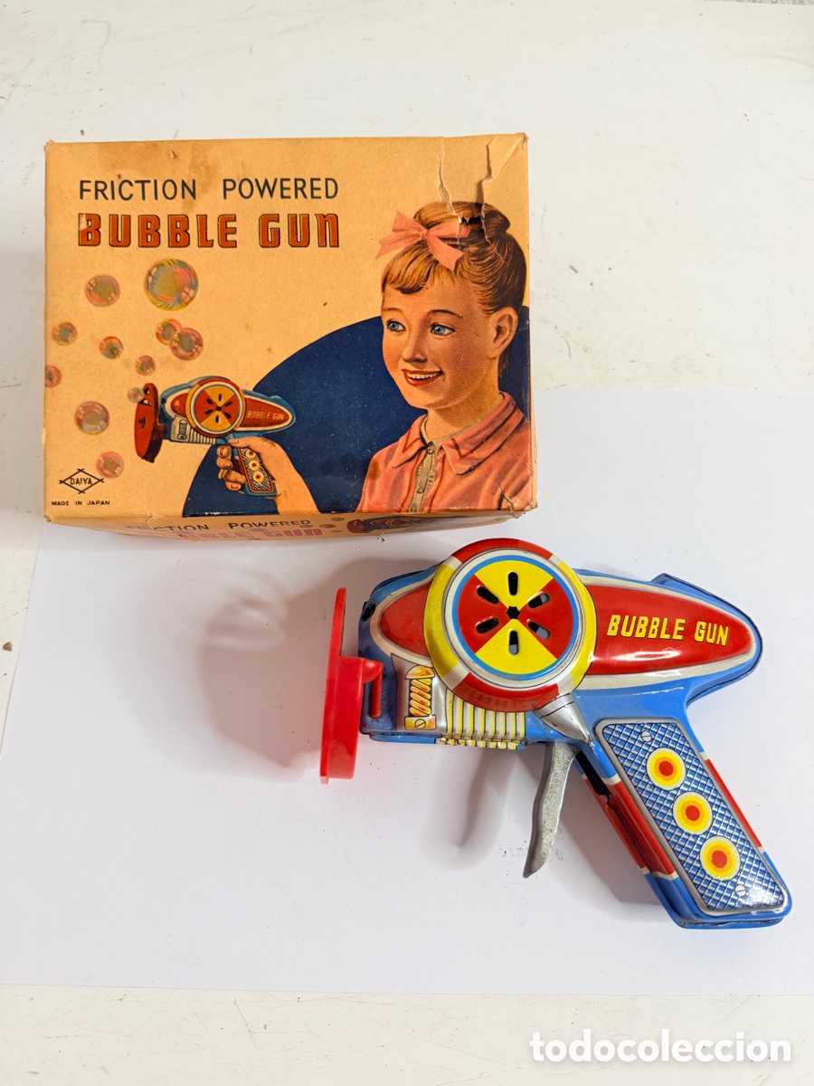 Juguetes antiguos de hojalata: Tin Toy Space Gun Bubble Gun Lithograph Friction Daiya Japan 1960