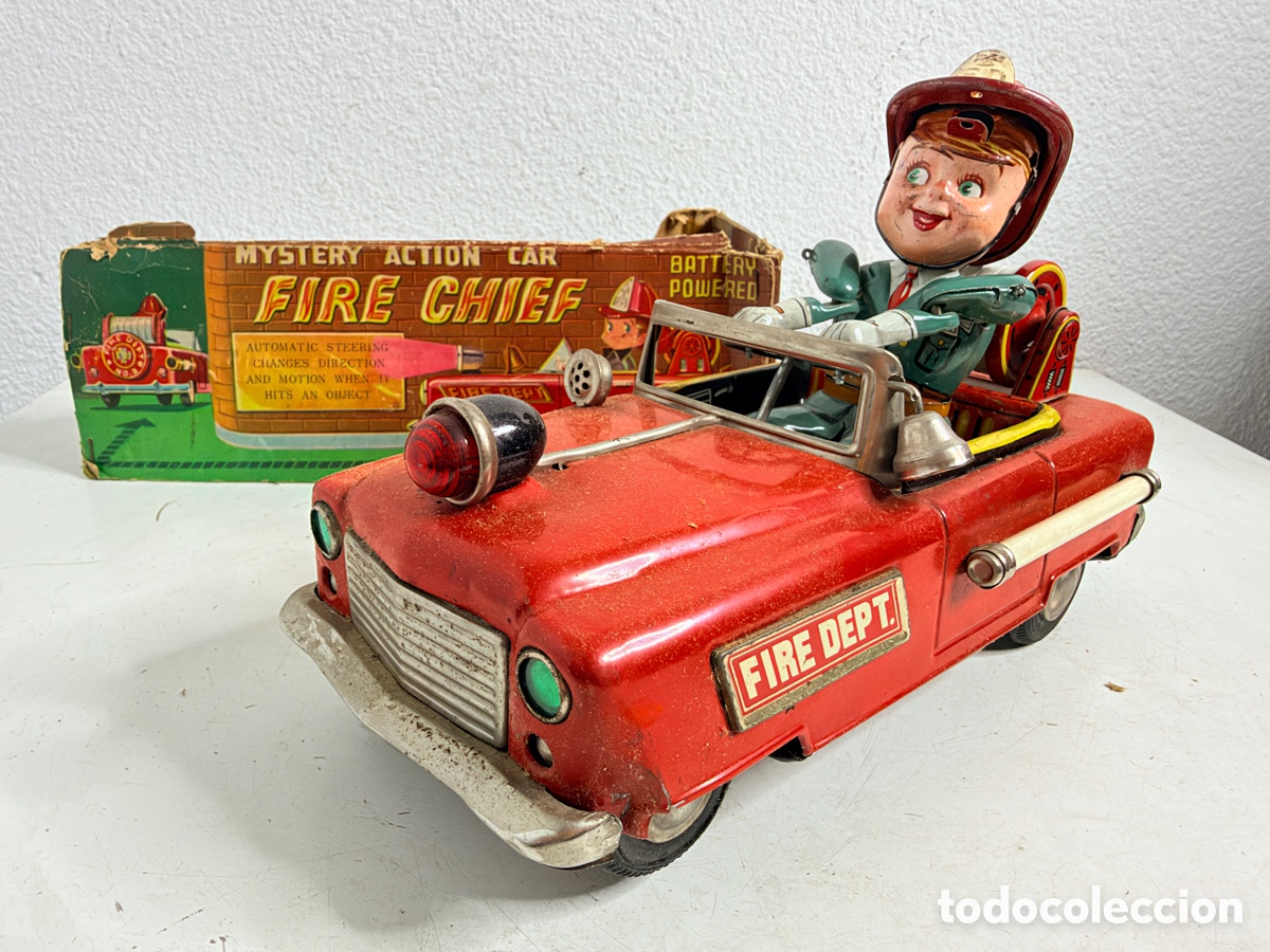 Juguetes antiguos de hojalata: NOMURA TOYS, toy car, &ldquo;Mystery action car. Fire Chief&rdquo;, a fire truck, Japan, circa 1950s