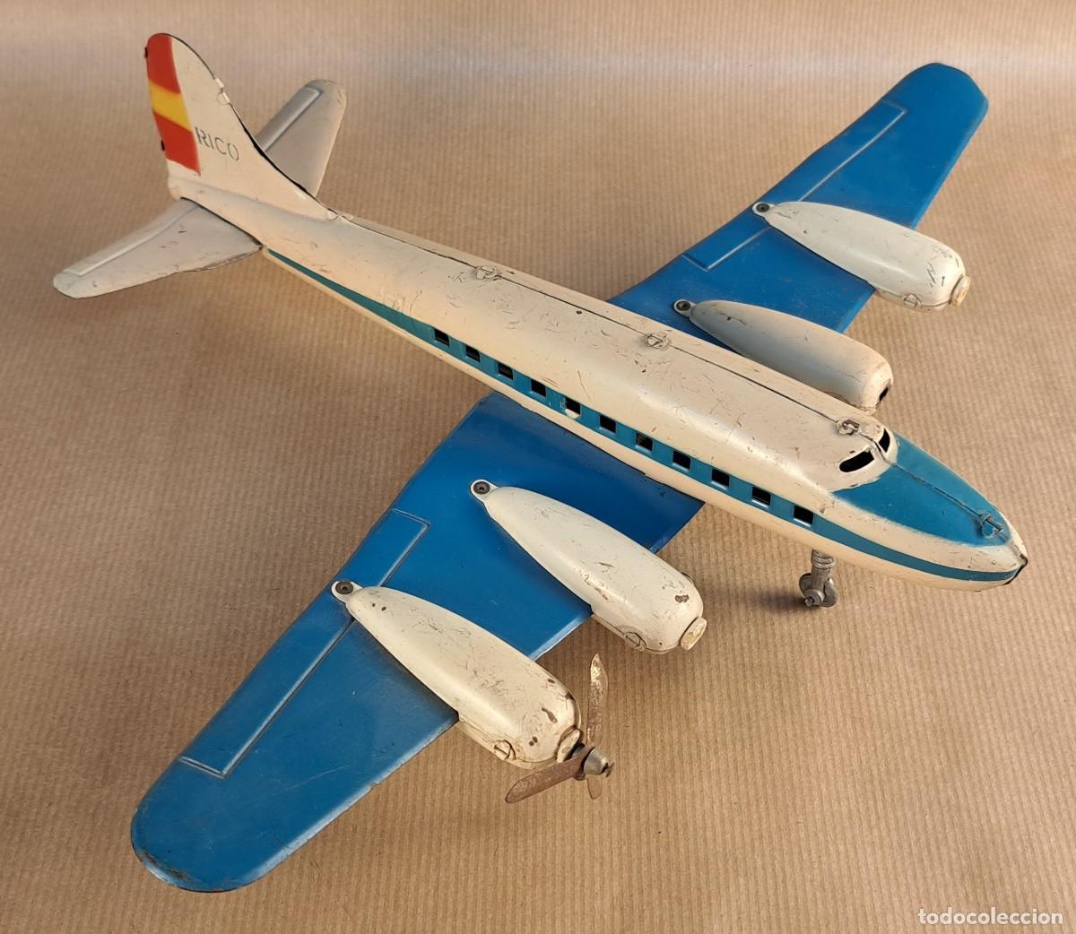 Juguetes antiguos de hojalata: Avi&oacute;n Rico de hojalata - cuatrimotor - juguete antiguo espa&ntilde;ol, a&ntilde;os 50