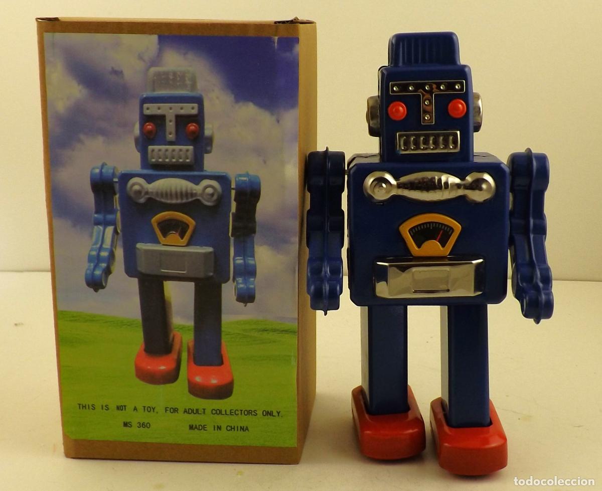 Juguetes antiguos de hojalata: Robot mec&aacute;nico Azul. Funcionamiento a cuerda