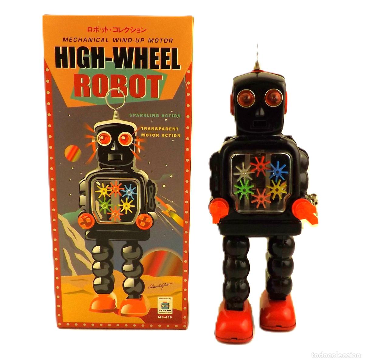 Juguetes antiguos de hojalata: High Wheel Robot. Robot mec&aacute;nico con funcionamiento a cuerda