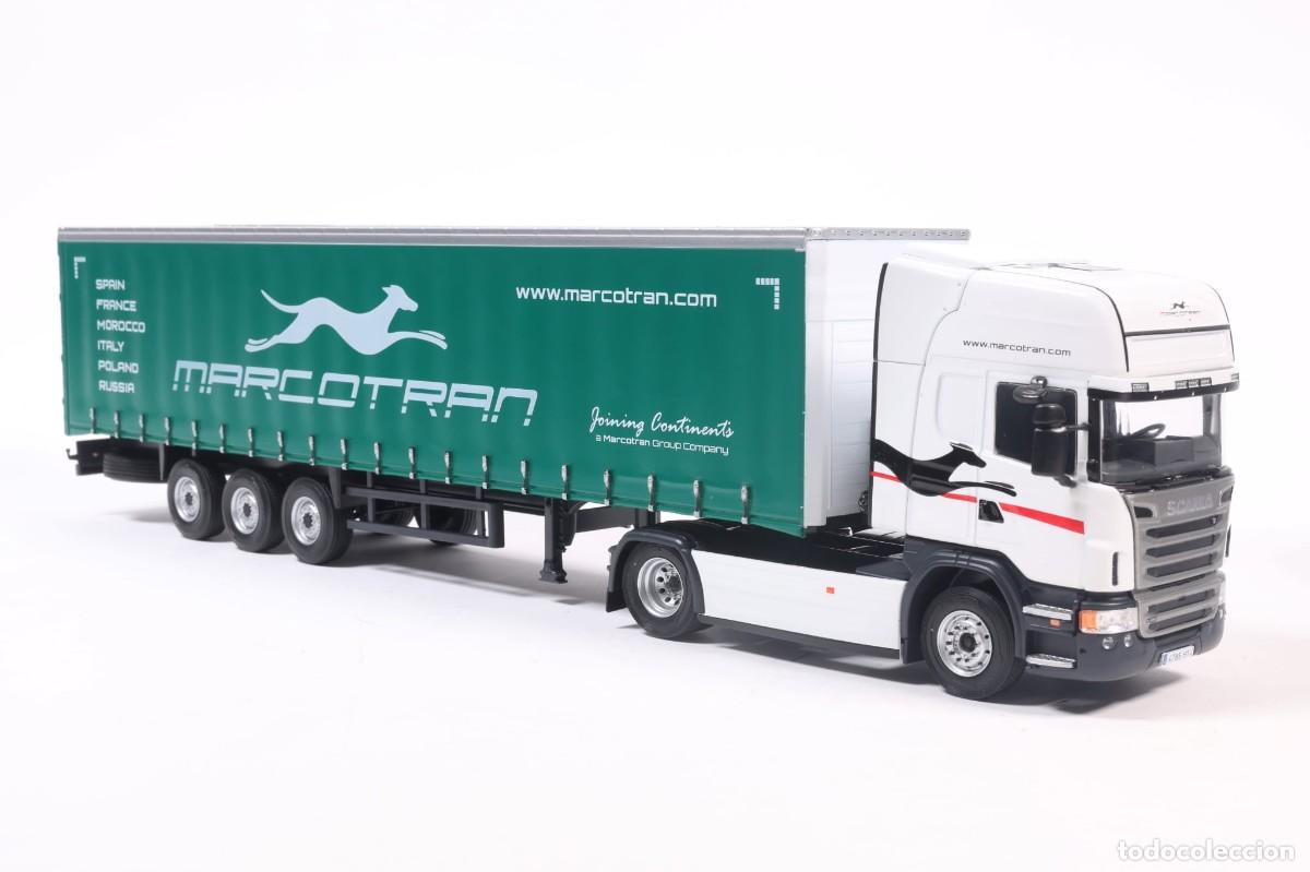 Modelos a escala: Cami&oacute;n SCANIA R 450 blanco + semirremolque Tautliner lona verde MARCOTRAN (A&ntilde;o 2014) - Escala 1/43.