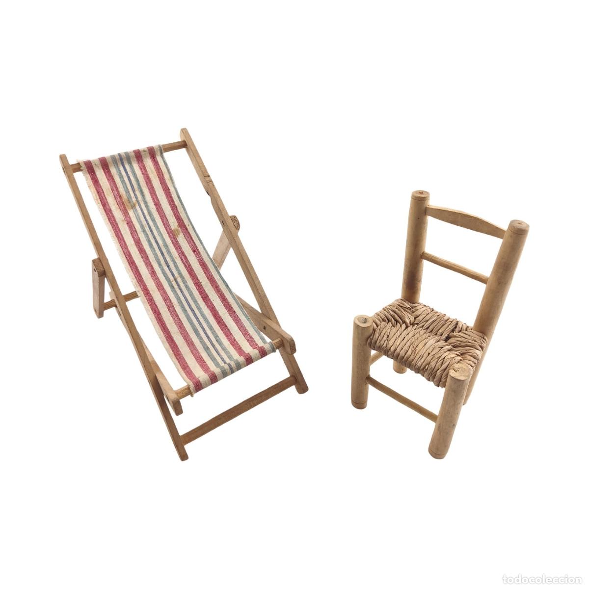 Modelos a escala: Lote de Miniaturas de Madera &ndash; Silla Andaluza/R&uacute;stica de Enea y Tumbona Plegable de Playa con Tela a