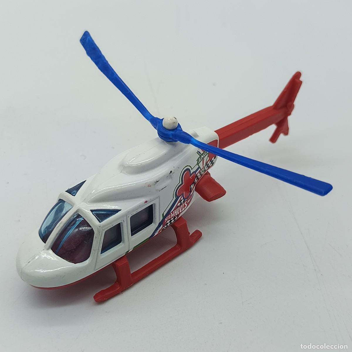 Modelos a escala: Helic&oacute;ptero de juguete Hot Wheels de pl&aacute;stico blanco con rotores azules y calcoman&iacute;as, a&ntilde;o 1989