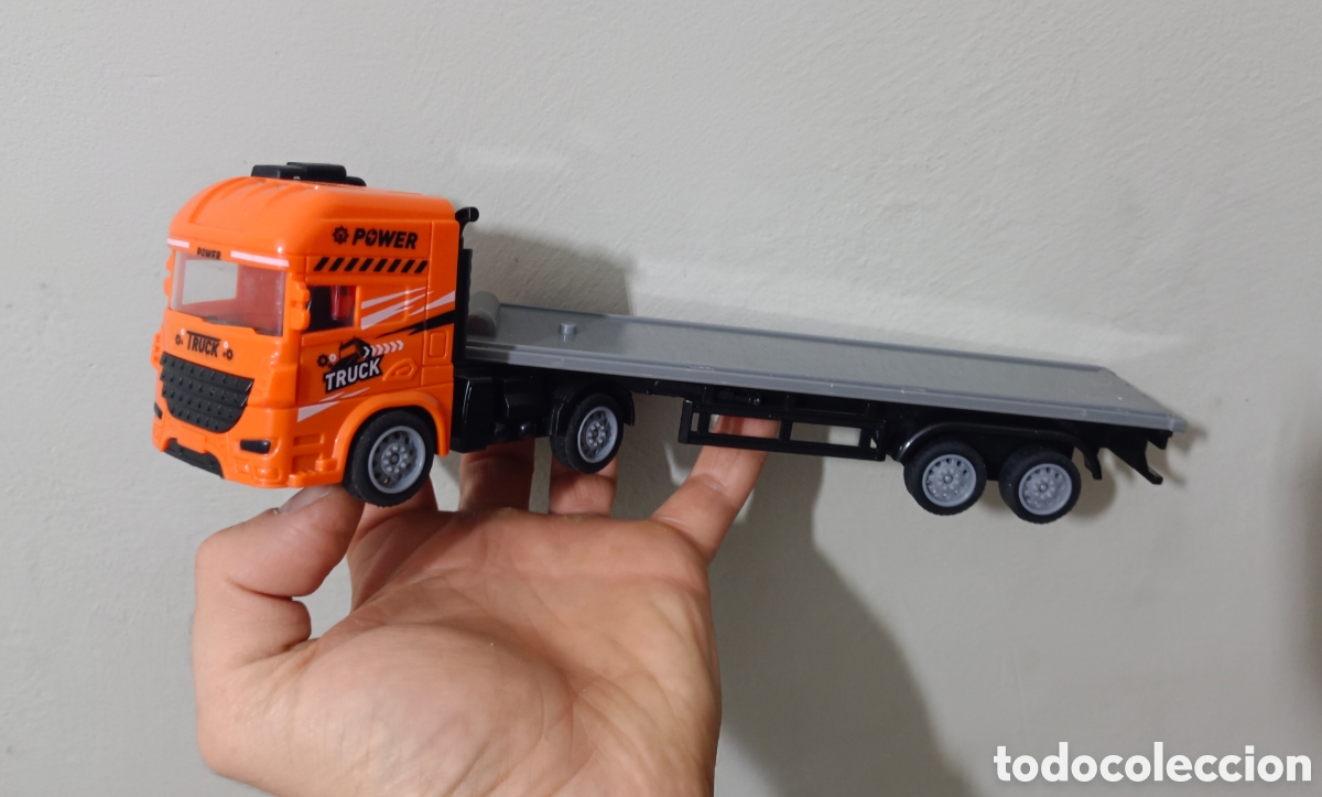 Modelos a escala: Camion naranja con remolque plataforma plana escala 1:50 ideal maquetas