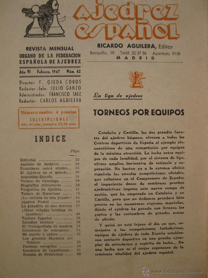 Coleccionismo deportivo: AJEDREZ ESPA&Ntilde;OL - A&Ntilde;O VI - N&ordm; 62 - A&Ntilde;O 1947. - Foto 2