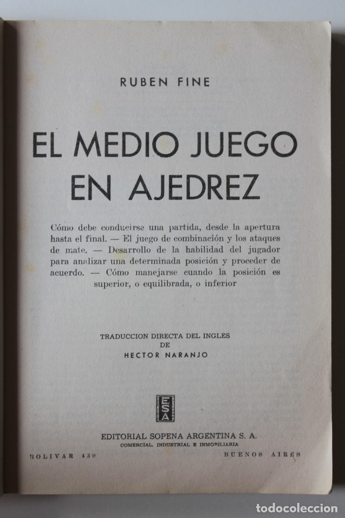 Coleccionismo deportivo: Ruben Fine - El medio juego en ajedrez - Sopena - Foto 2