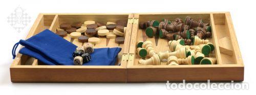 Coleccionismo deportivo: Ajedrez. Chess-backgammon-checkers-set wood, folding, sq 32 mm - Foto 4