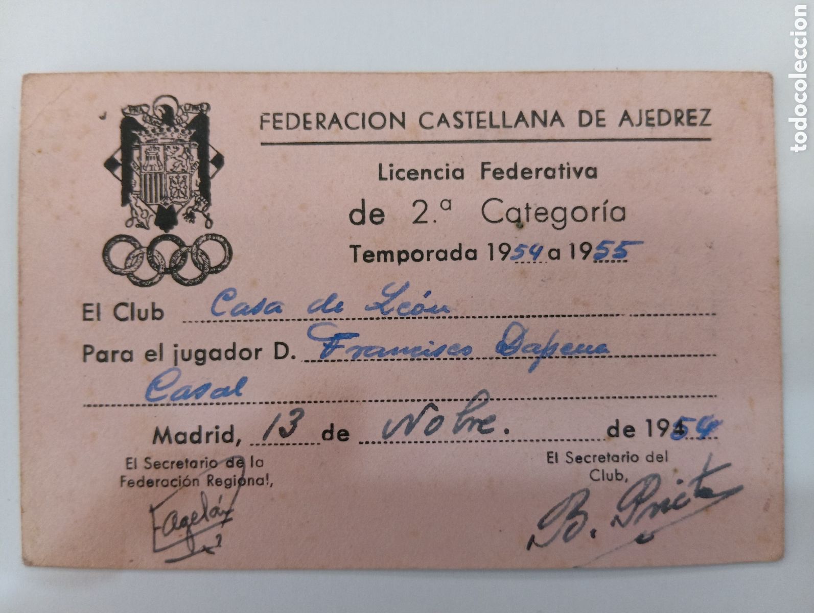 Coleccionismo deportivo: Licencia federativa hist&oacute;rica de 2&ordf; categoria de ajedrez temporada 1954 a 1955