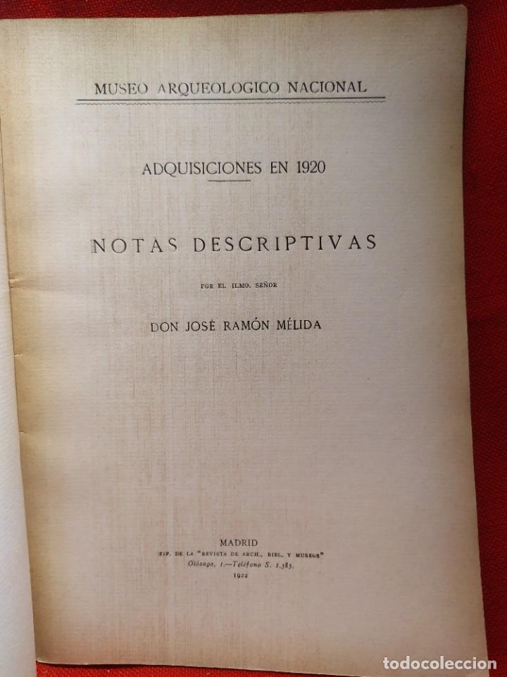 Libros antiguos: 1923. Museo Arqueológico Nacional. Adquisiciones en 1920. José Ramta Melida. - Foto 2 - 301562733