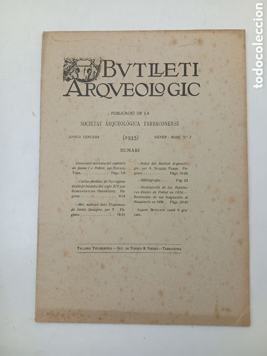 Antiquarische B&uuml;cher: Butllet&iacute; arqueologic tarraconense Tarragona n 1 gener-mar&ccedil; 1935