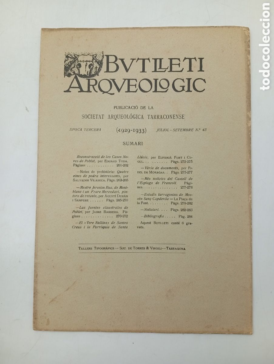 Antiquarische B&uuml;cher: Butllet&iacute; arqueologic tarraconense Tarragona juliol setembre 1933 n&uacute;mero 45