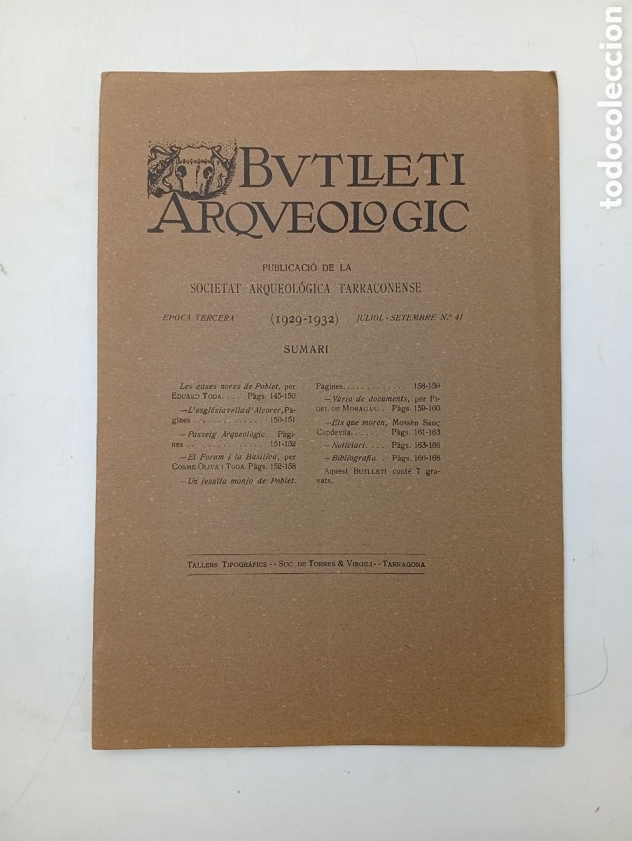 Libros antiguos: Butllet&iacute; arqueol&ograve;gic Tarragona agost- setembre 1932 n 41