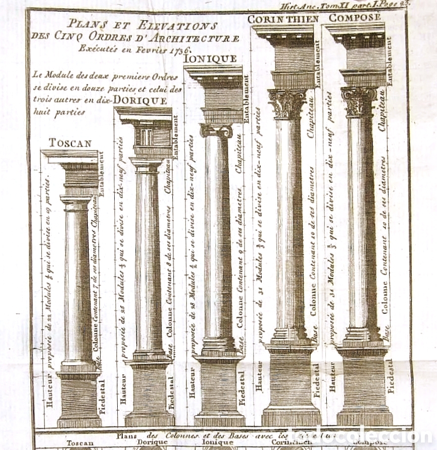 Libros antiguos: A&ntilde;o 1788 Los 5 &oacute;rdenes arquitect&oacute;nicos M&uacute;sica Historia Antigua Grecia Roma Grabado Rollin