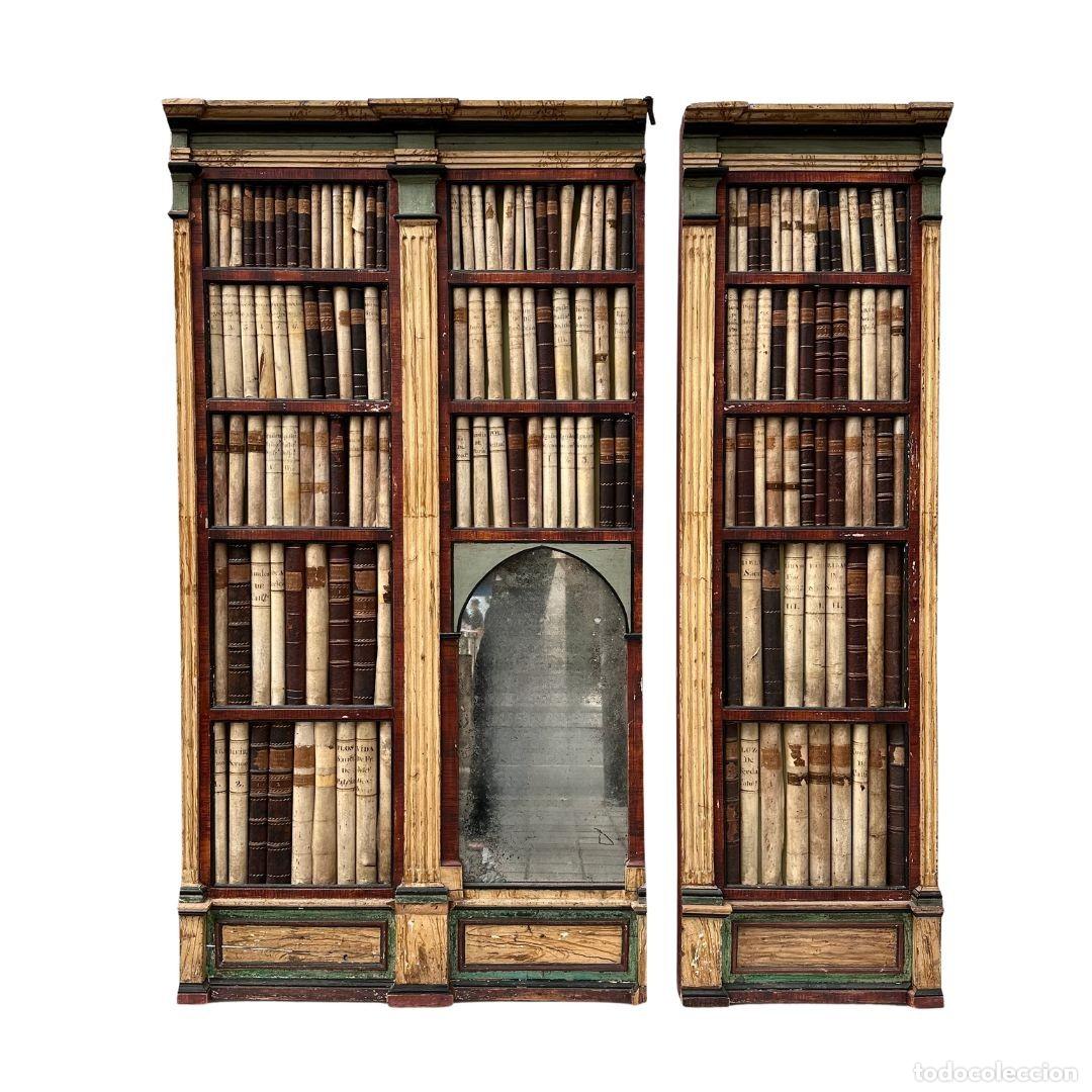 Libros antiguos: Pareja de paneles en madera policromada de falsos lomos de libros o trampantojo de biblioteca , SXIX