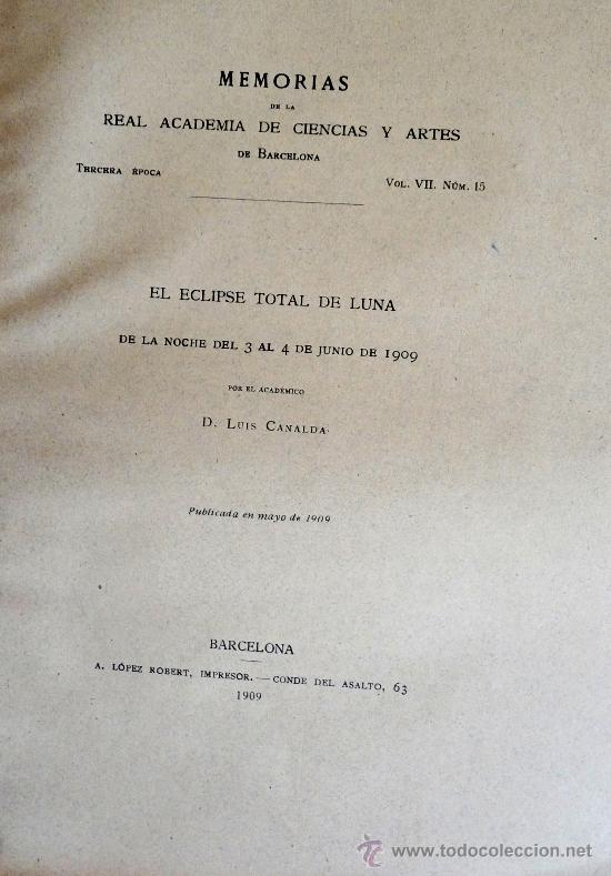 Libros antiguos: El Eclipse total de Luna en la noche del 3 al 4 de Junio de 1909. Luis Canalda - Foto 1