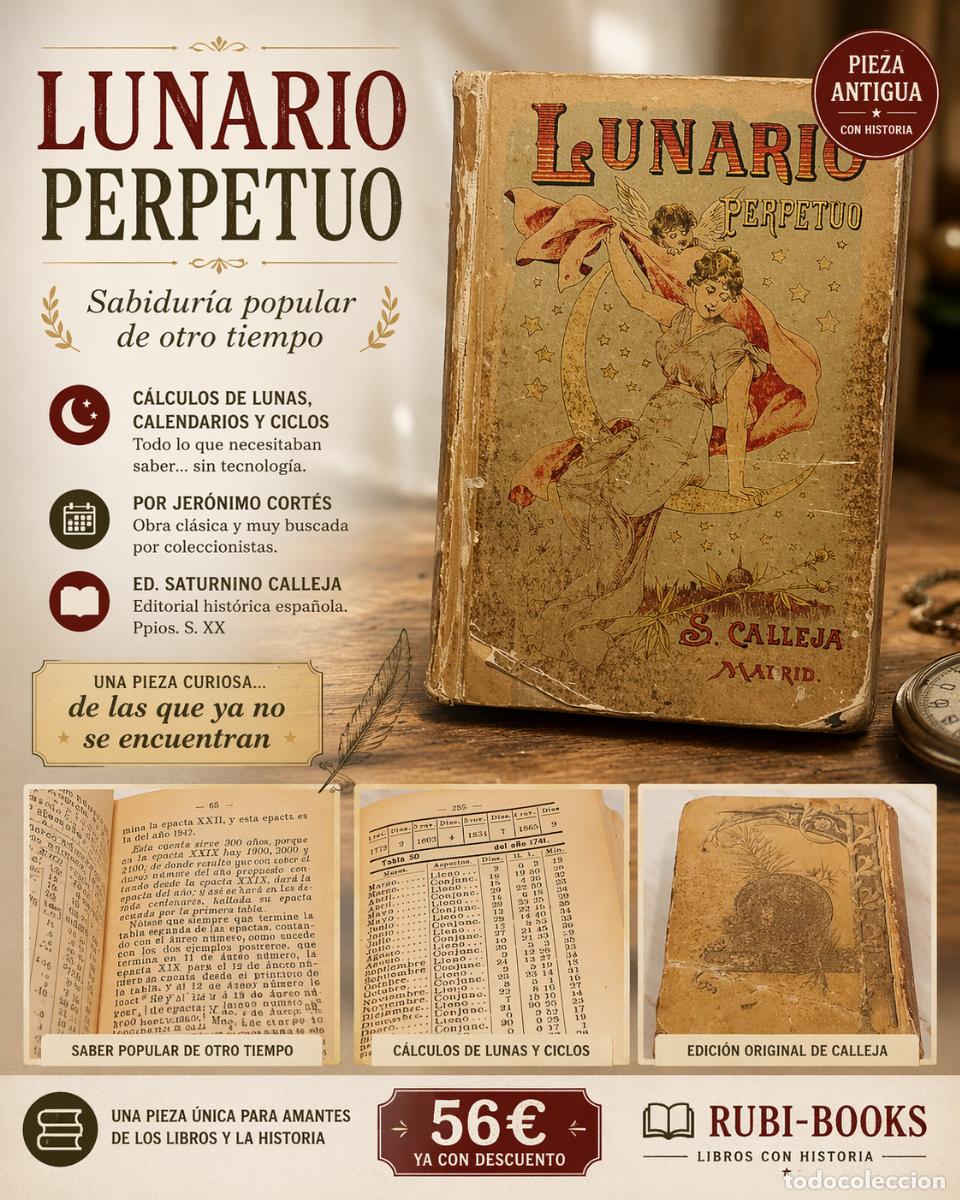 Libros antiguos: LUNARIO PERPETUO / JER&Oacute;NIMO CORT&Eacute;S / ED: SATURNINO CALLEJA / PPOS. S.XX / USADO