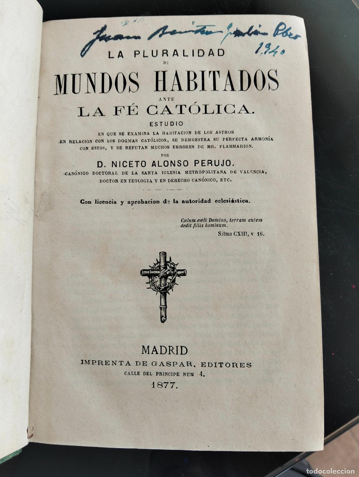 Libros antiguos: La Pluralidad de Mundos Habitados, Niceto Perujo, Madrid, 1877. VISITA MI CATALOGO L55