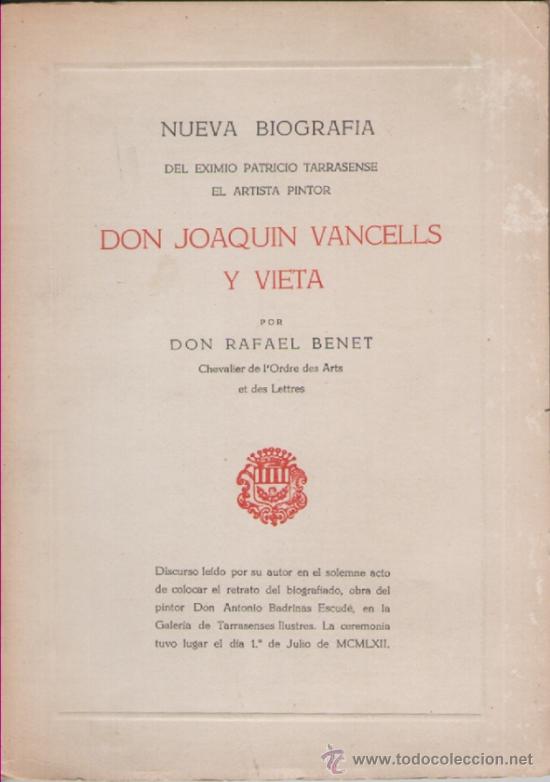 Libros antiguos: Don Joaqu&iacute;n Vancells y Vieta - Foto 1