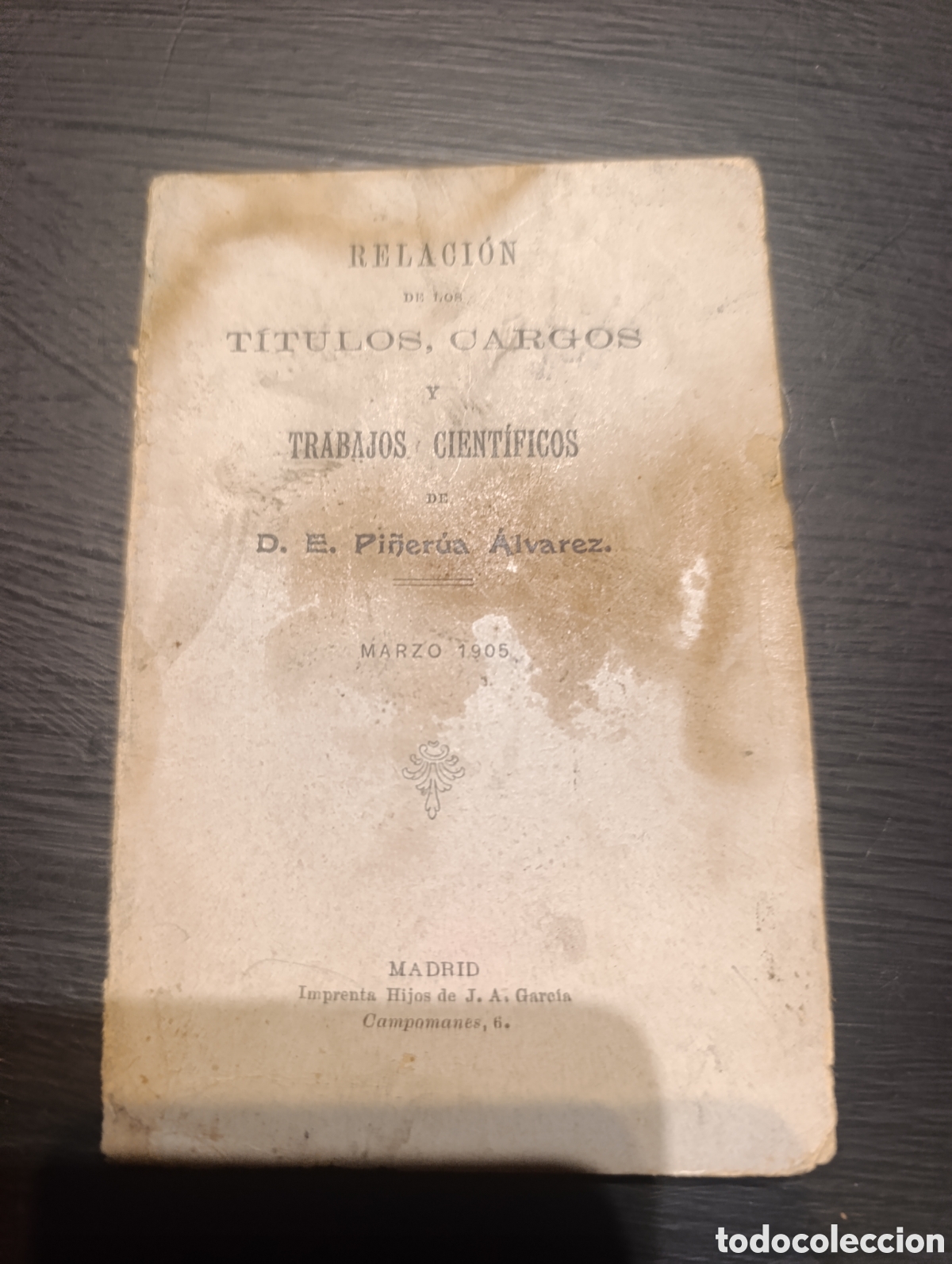 Libros antiguos: RELACI&Oacute;N DE LOS T&Iacute;TULOS, CARGOS Y TRABAJOS CIENT&Iacute;FICOS DE D. E. Pi&ntilde;er&uacute;a &Aacute;lvarez. MARZO 1905
